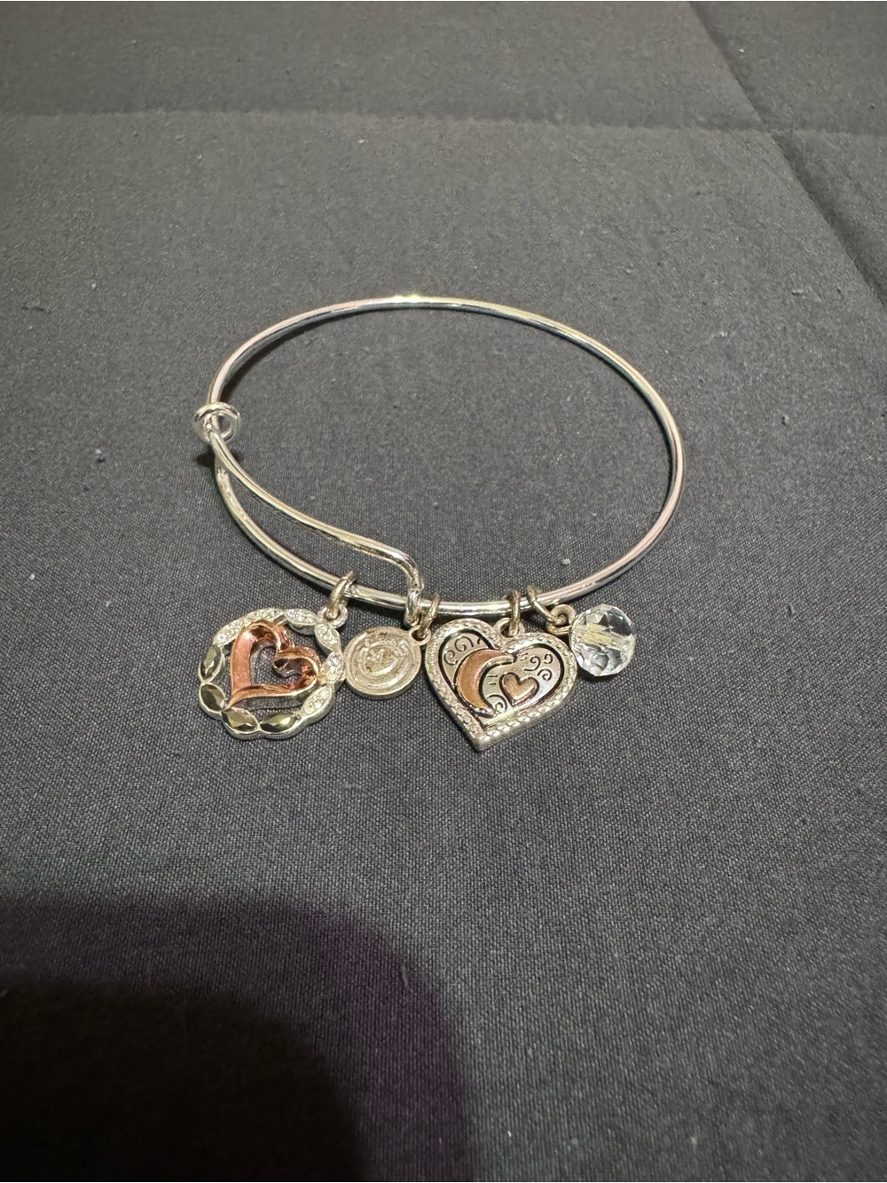 Silver and Rose Gold Heart Charm Bangle Bracelet - Women Jewelry